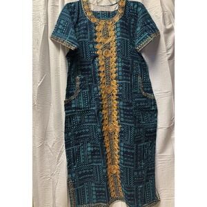 African Dashiki Style Tunic Dress Teal Blue Gold Embroidery Long Kaftan New L/XL